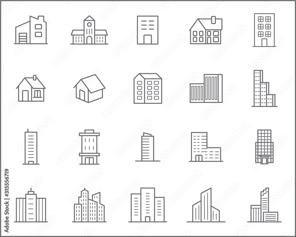 Set of building and real estate Icons line style. Included the icons as house, constructor, city, town, apartment, office and more. customize color, stroke width control , easy resize.