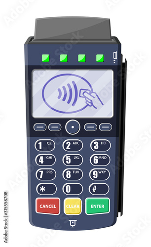 Modern POS terminal. Bank payment device. Payment nfc keypad machine. Credit debit card reader. Vector illustration in flat style