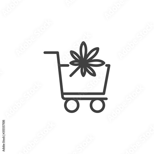 Cannabis shopping cart line icon. Buying hemp linear style sign for mobile concept and web design. Trolley with Marijuana leaf outline vector icon. Drug store symbol logo illustration. Vector graphics