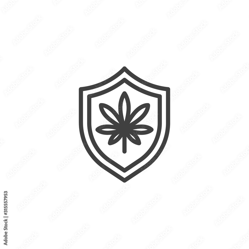 Shield with marijuana leaves line icon. linear style sign for mobile concept and web design. Cannabis shield outline vector icon. Symbol, logo illustration. Vector graphics Shield with marijuana leaves line icon. linear style sign for mobile concept and web design. Cannabis shield outline vector icon. Symbol, logo illustration. Vector graphics