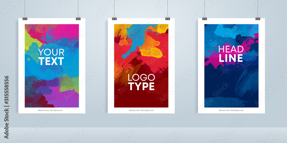 Vector colorful watercolor background poster mockup template set Stock ...