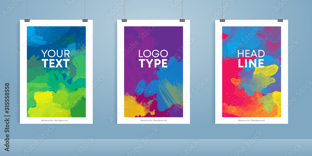 Fototapeta premium Vector colorful watercolor background poster mockup template set