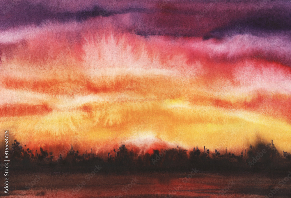 Abstract watercolor landscape. Open space during sunset. Rainbow gradient from yellow to red to purple. Sunset sky with clouds. Dark strip distant forest. Hand-drawn background on texture paper - obrazy, fototapety, plakaty 