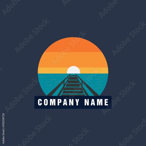 Sun Beach Pier Sunset logo design