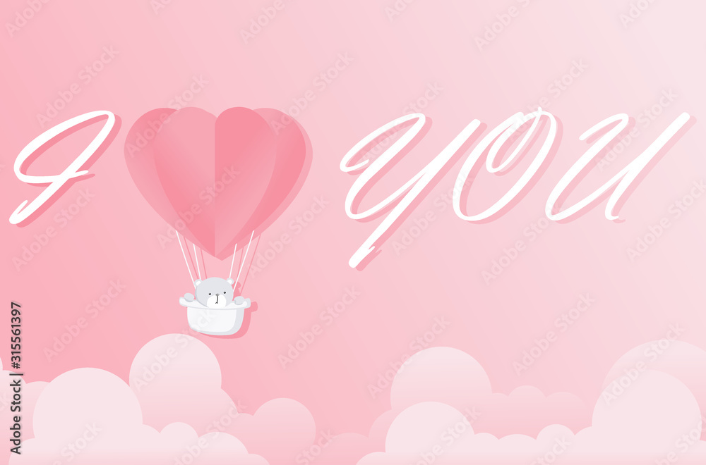 Valentine heart balloon with teddy bear on pink background. Love postcard for Happy Mother's, Valentine's Day or birthday greeting card design. Space for your text.