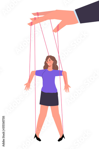 Puppet businesswoman, maniuplate people, marionette control concept, business manipulation. Vector illustration.