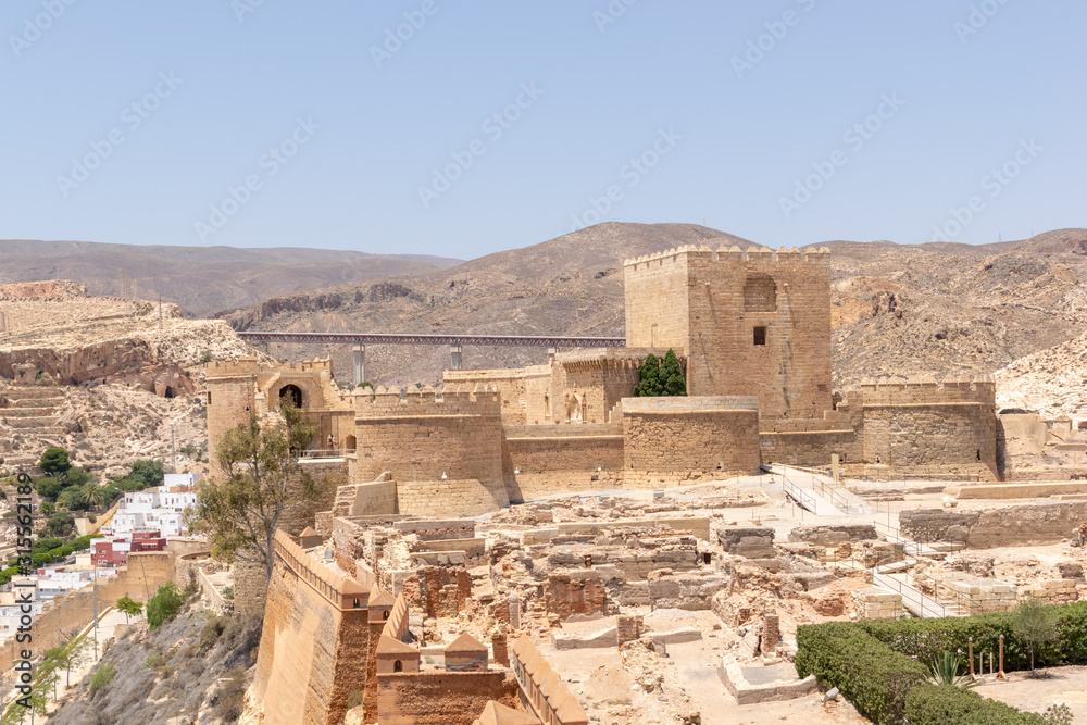 Interior of the Alcazaba of Almeria (Muslim fortification) in summer with blue sky. Almeria, Andalusia, Spain