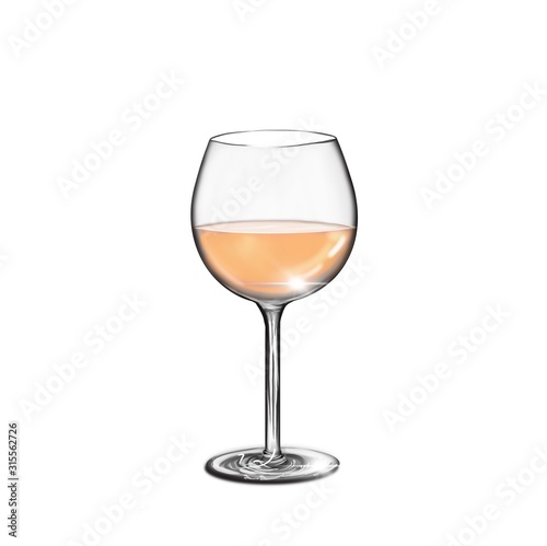 Wine glass with light wine for cafes or restaurants menu. Realistic art illustration isolated on white background 