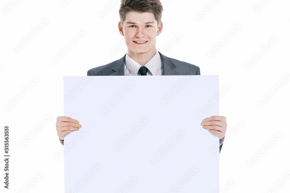 successful young businessman with blank banner.isolated on a white successful young businessman with blank banner.isolated on a white