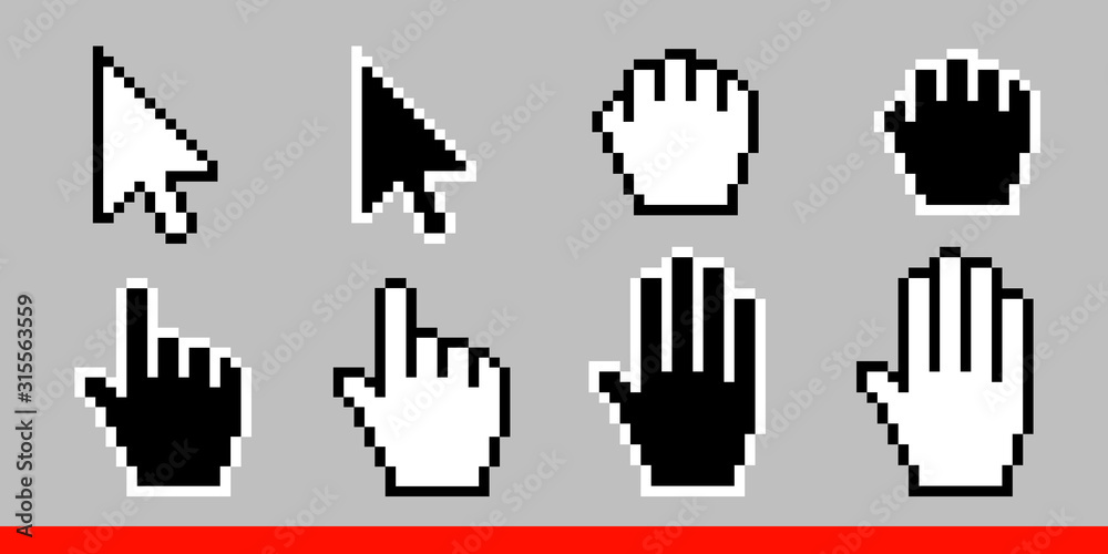 Black and white arrow pixel and pixel mouse hand cursors icon vector ...