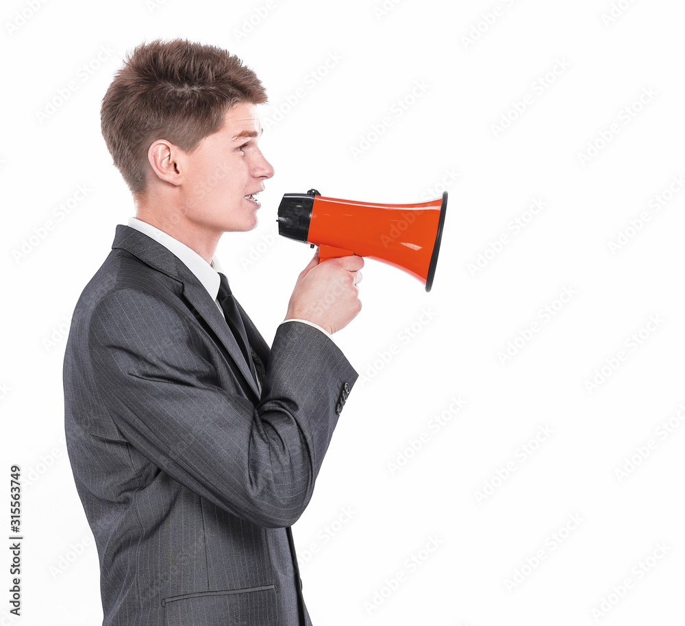 young businessman with a megaphone.isolated on a white young businessman with a megaphone.isolated on a white