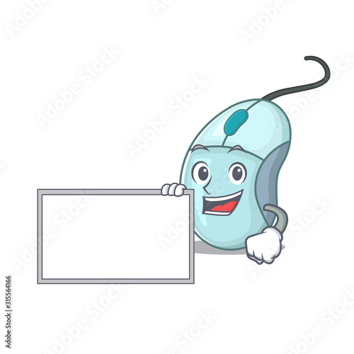 Funny computer mouse cartoon character design style with board