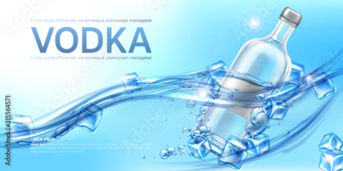 Vodka bottle with ice cubes floating in water mockup banner. Closed glass blank flask with strong alcohol drink on blue background, advertising promo ad mock up poster Realistic 3d vector illustration