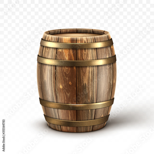 Wooden barrel for wine or beer. Cask from oak wood with copper or iron rings. Vector realistic keg for whiskey, rum or cognac isolated on transparent background