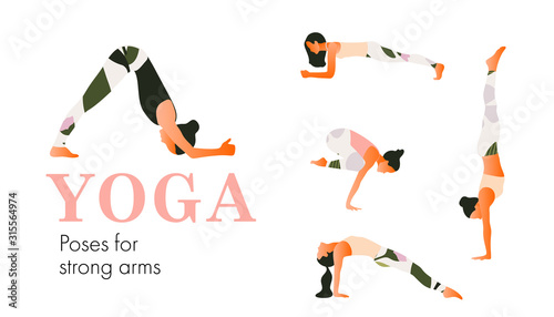 A set of yoga postures female figures for strong arms. Woman figures exercise in printed sportswear. Vector Illustration, flat style.