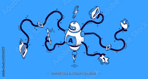 Marketing automation 2020 isometric banner. Technology for SEO, internet, digital business content. Octopus robot with many hands holding office attributes and graphs. 3d vector illustration, line art