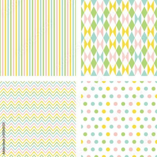 Geometric pattern vector set. Collection of abstract seamless repeat design backgrounds in Springtime colours.