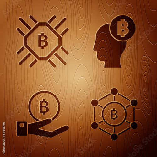 Set Blockchain technology Bitcoin, CPU mining farm, Hand holding Bitcoin and Bitcoin think on wooden background. Vector