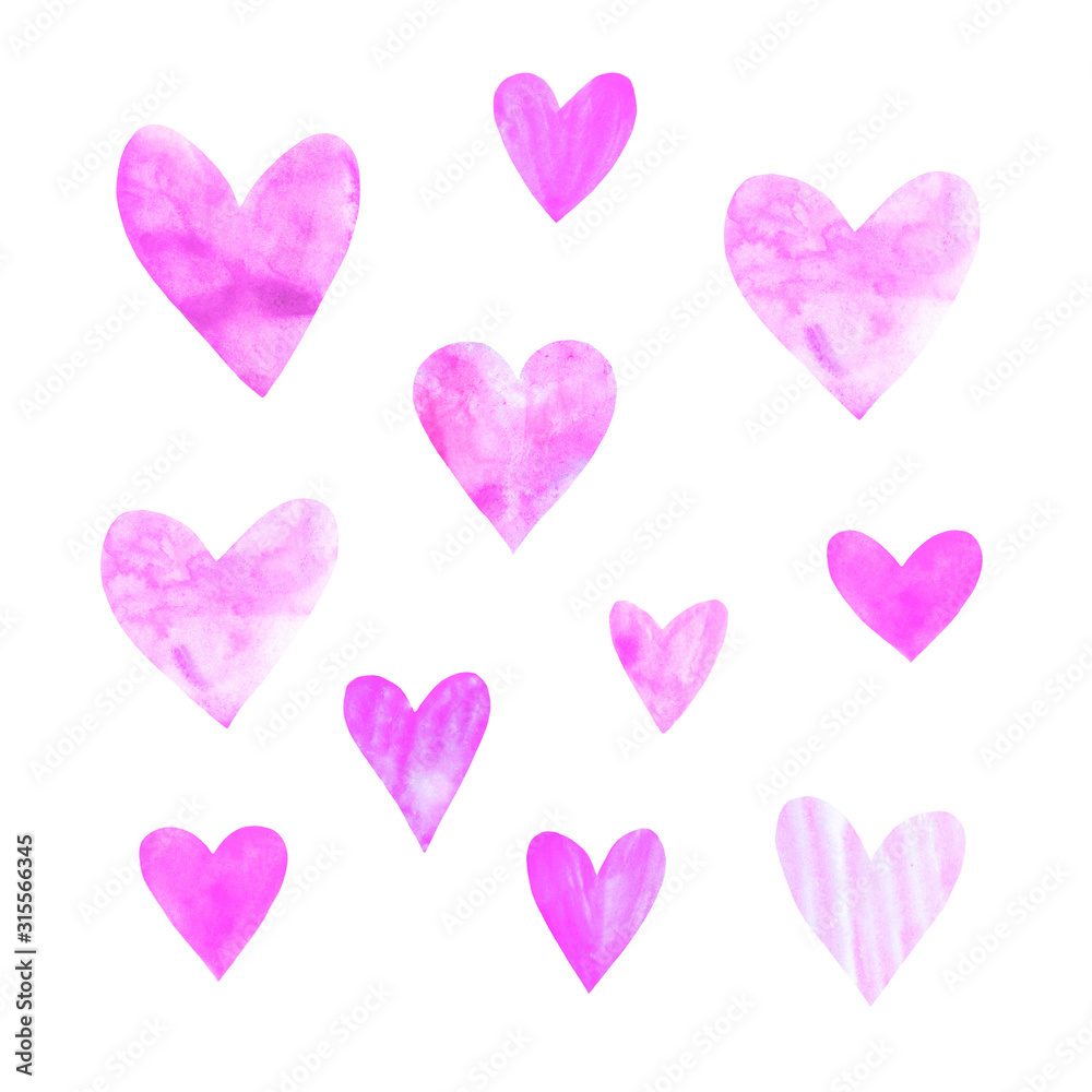 Set of pink watercolor hearts. Perfect for creating romantic postcards and Valentines Day decor. Hand drawn. Isolated on white background