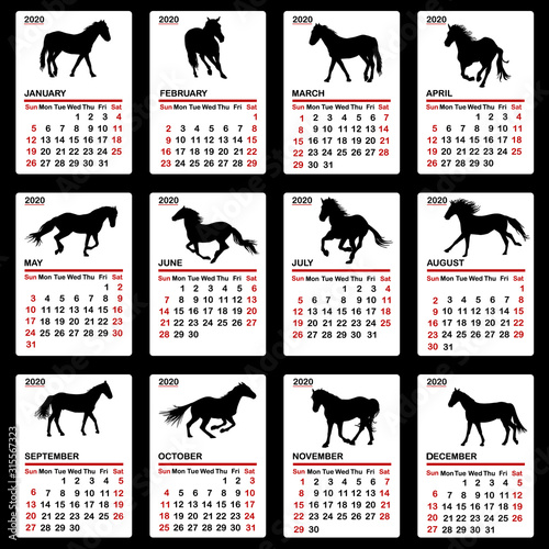 2020 calendar with horses silhouettes
