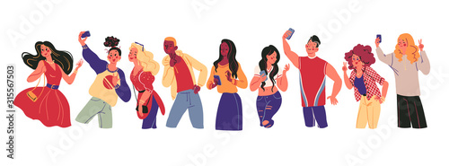 Portrait of group of young teens in stylish clothes with smartphones taking photo, making selfie, texting and surfing in internet isolated on white background. Vector flat illustration.