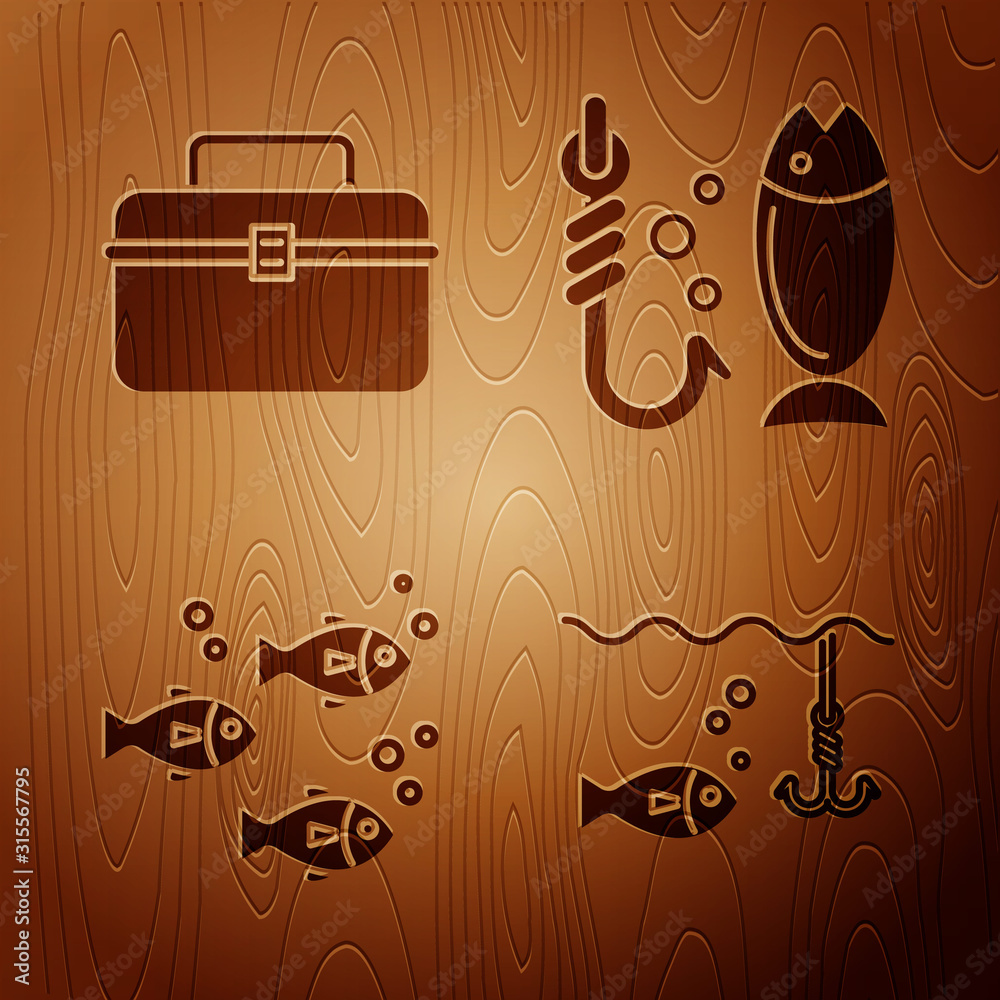 Set Fishing hook under water with fish, Case or box container for wobbler  and gear fishing equipment, Fish and Fishing on wooden background. Vector  Stock Vector