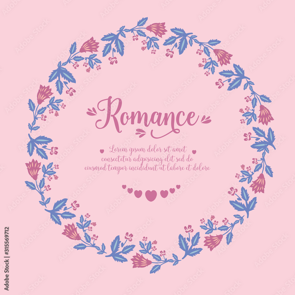 Romance Invitation card decor, with elegant leaf and pink wreath frame. Vector