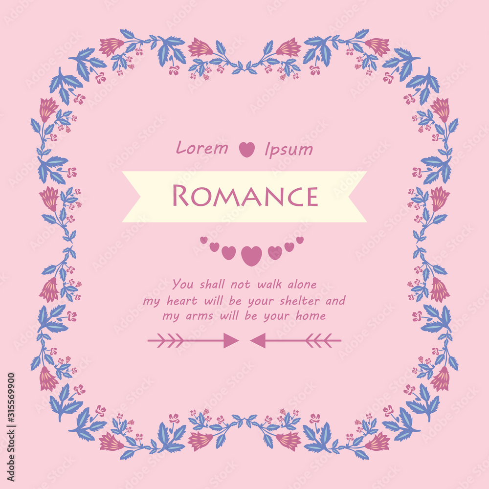 Romance Invitation card decor, with elegant leaf and pink wreath frame. Vector