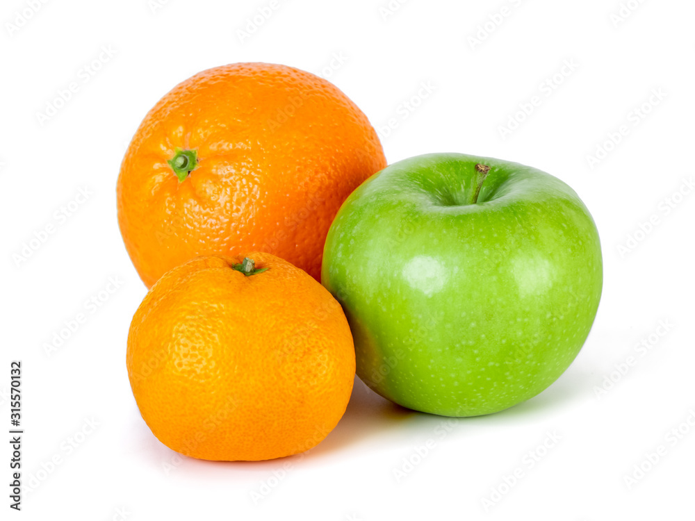 Green apple, tangerine and orange isolated on white background Green apple, tangerine and orange isolated on white background