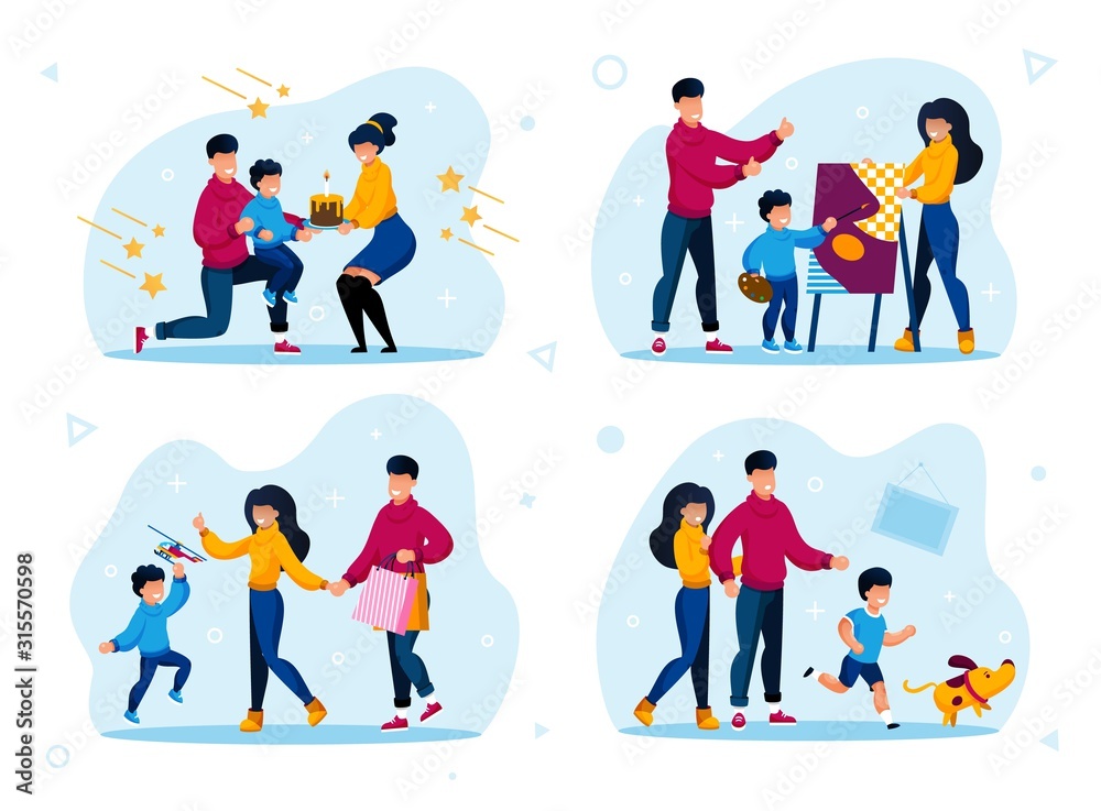 Happy Family Traditions and Relationships Trendy Flat Vector Concepts Set. Parents with Child Celebrating Birthday Holiday, Drawing Painting, Shopping on Sale, Playing with Dog Isolated Illustrations