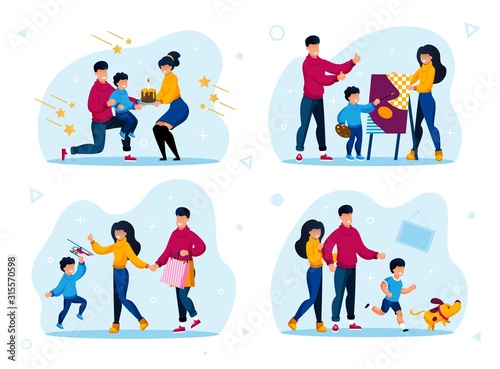 Happy Family Traditions and Relationships Trendy Flat Vector Concepts Set. Parents with Child Celebrating Birthday Holiday, Drawing Painting, Shopping on Sale, Playing with Dog Isolated Illustrations