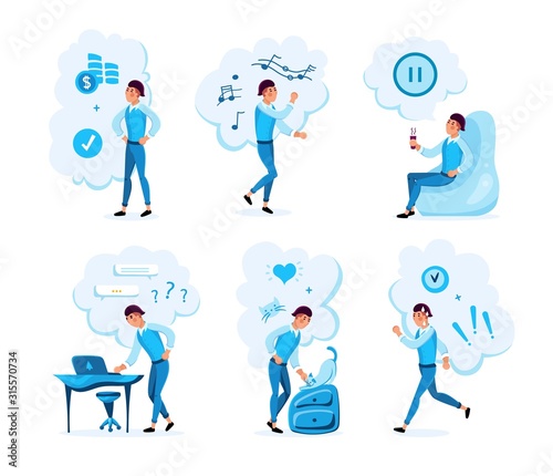 Modern Man Daily Routines, Life Situations and Activities, Isolated, Trendy Flat Vectors Set. Guy Character Listening Music and Dancing, Taking Coffee Break, Hurrying on Business Isolated Illustration