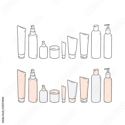 Hand drawn vector illustration of blank template skin care set.Plastic cosmetic jar product.