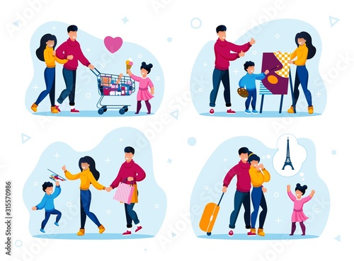 Family Daily Activities and Leisure Trendy Flat Vector Concepts Set. Parents with Children Shopping in Supermarket, Drawing Painting, Buying Toys, Going on Vacation Journey Isolated Illustrations