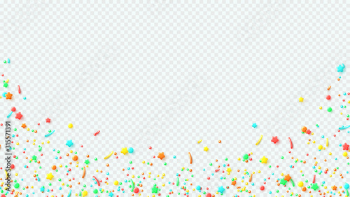 Decoration banner with colorful sprinkled sweets. Vector illustration with realistic colorful tiny candies isolated on transparent background. Decorative elements.