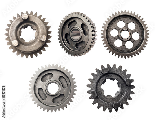 Foto Old metal gear wheel or pinion part , Motorcycle Gear driven gear reduction ratio isolated on white background