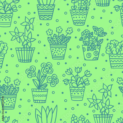 Seamless pattern with indoor plants, outline on a green background