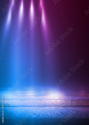 Empty dark abstract background. Empty street background. Glow of neon lights on an empty road. Night view of the city