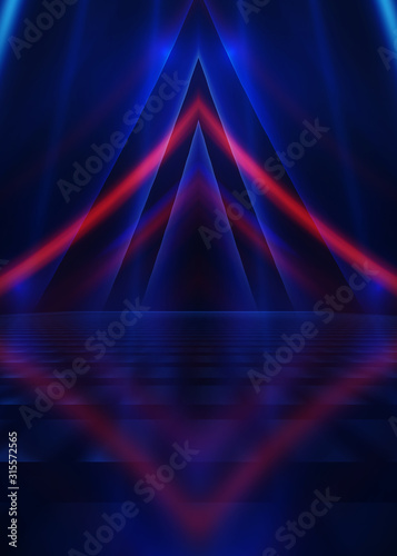 Empty dark abstract background. Background of empty show scene. Glow of neon lights on an empty concert venue. Reflection of light on the pavement.