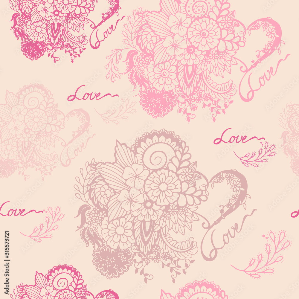 Seamless pattern of a bouquet of flowers on a pink background and the inscription love. Valentine's Day
