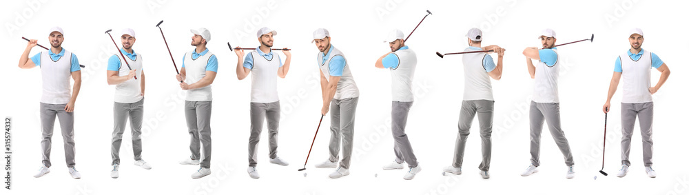 Collage with handsome male golfer on white background Collage with handsome male golfer on white background