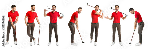 Collage with handsome male golfer on white background