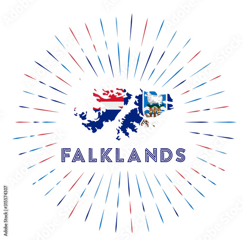 Falklands sunburst badge. The country sign with map of Falklands with Falkland Islander flag. Colorful rays around the logo. Vector illustration.
