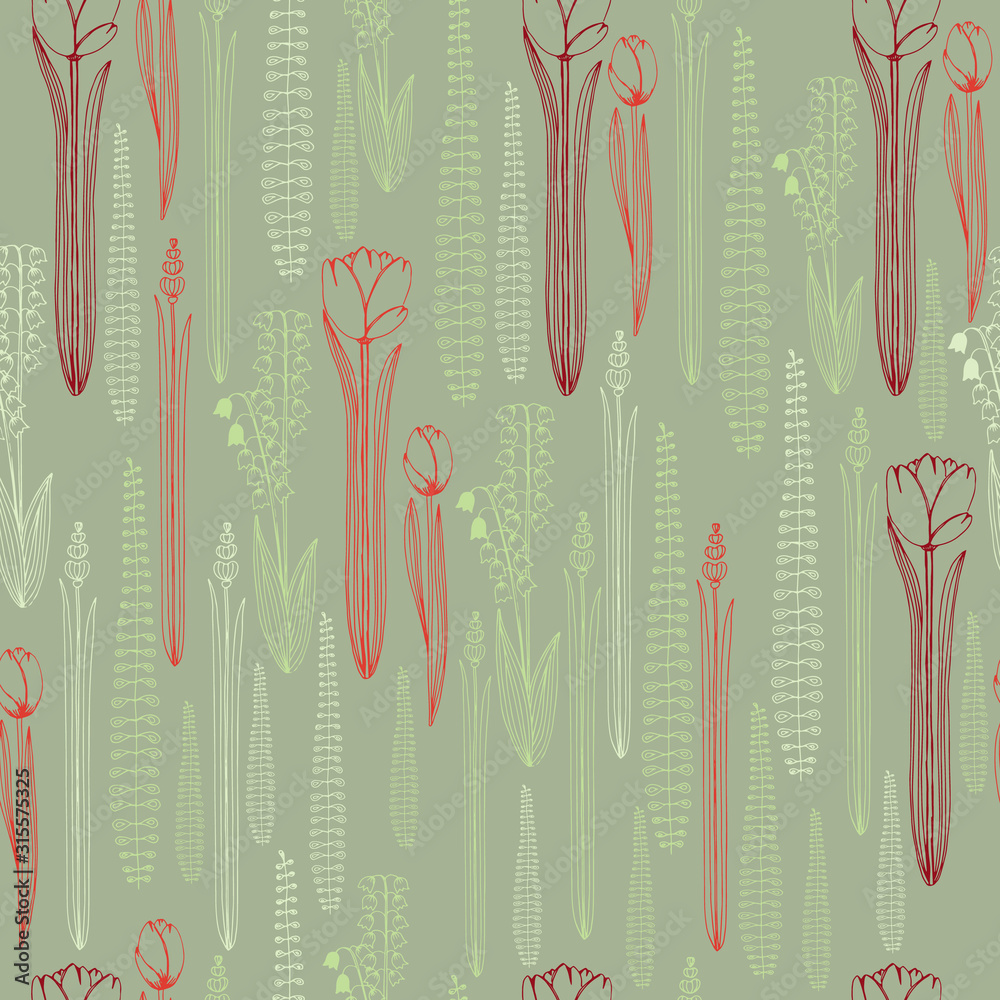 Seamless pattern with long flowers, tulips, lilies of the valley, branches with leaves. Sketch, abstract illustration for printing on paper and fabric.