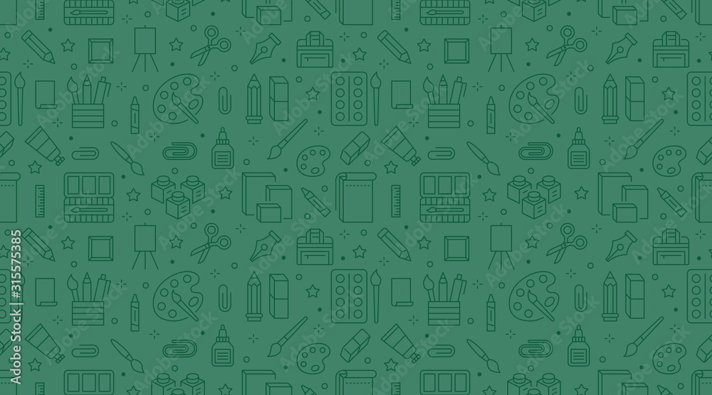 Stationery background, school tools seamless pattern. Art education wallpaper with line icons of pencil, pen, paintbrush, palette, notebook. Painter supplies vector illustration green color