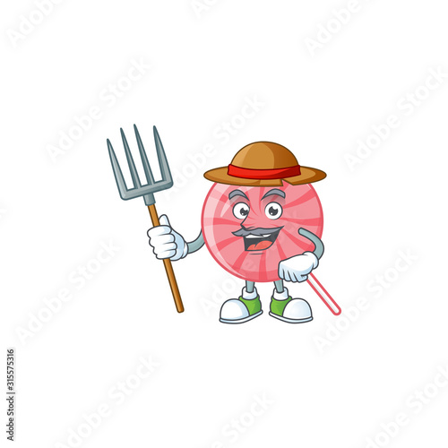 Cute Farmer pink round lollipop cartoon mascot with hat and tools