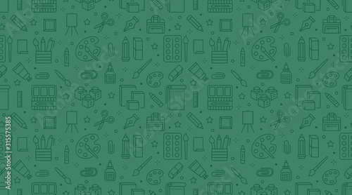 Stationery background, school tools seamless pattern. Art education wallpaper with line icons of pencil, pen, paintbrush, palette, notebook. Painter supplies vector illustration green color