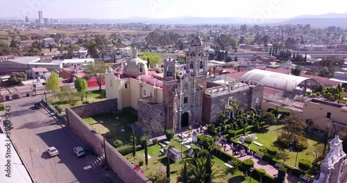 Templo de San Francisco Acatepec in Cholula Mexico by drone at a sunny day. photo