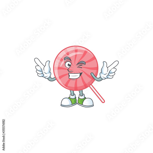 Funny face pink round lollipop cartoon character style with Wink eye