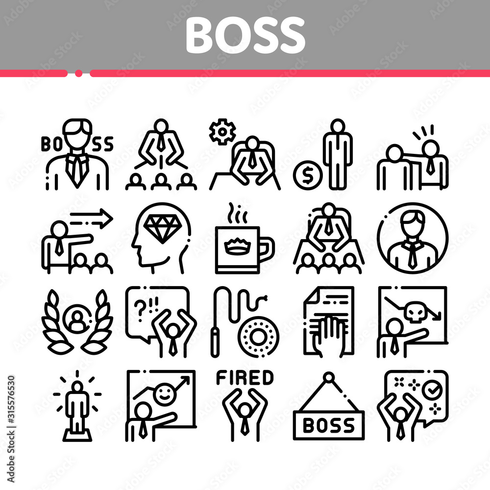 Boss Leader Company Collection Icons Set Vector Thin Line. Boss On Tablet And Cup With Crown, Meeting And Presentation, Fired And Document Concept Linear Pictograms. Monochrome Contour Illustrations